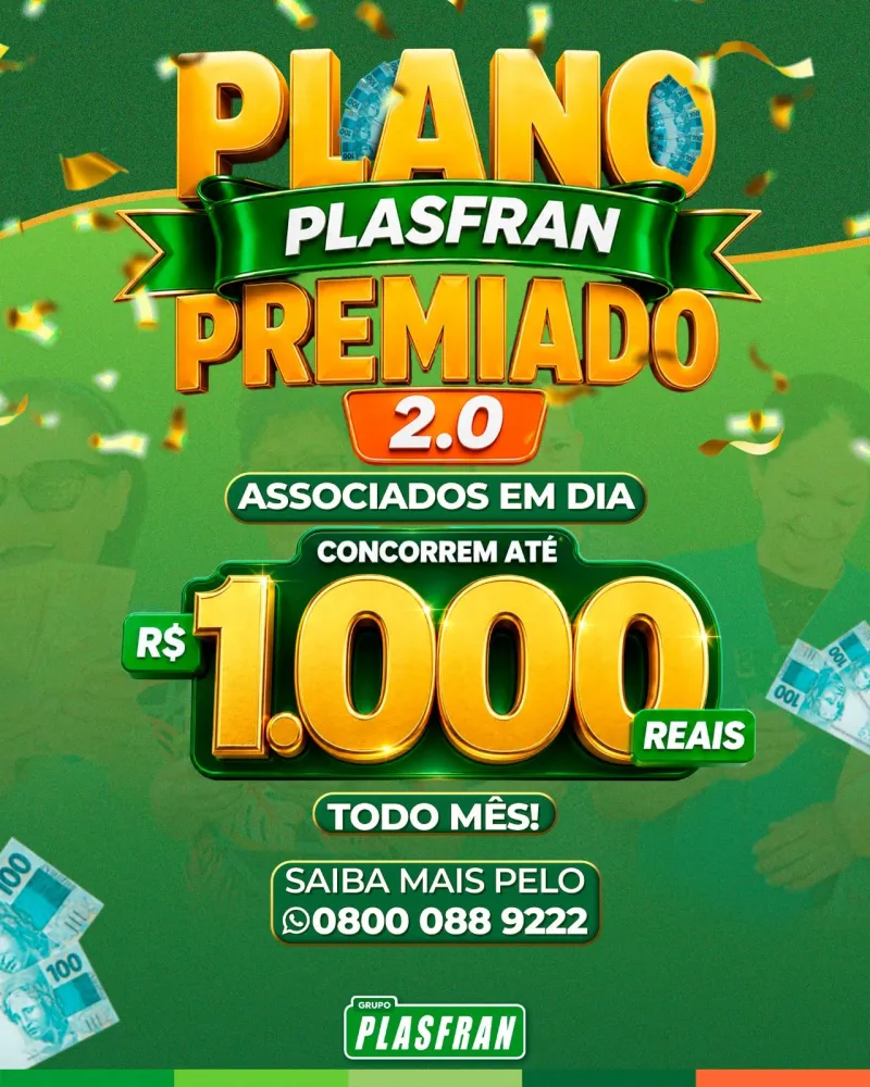 Arte da campanha Plano Plasfran Premiado 2.0: associados em dia concorrem a até R$ 1.000 todo mês